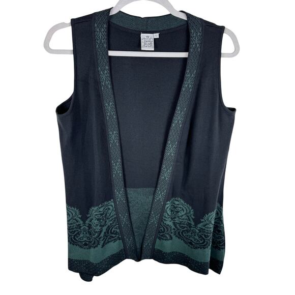 Parsley & Sage Black Green Tigh Knit Open Sweater Vest Cardigan Cotton Size L - Picture 1 of 5